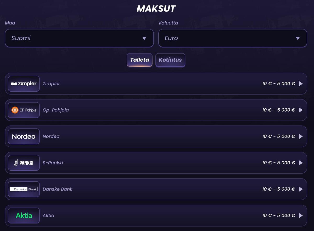 Funbet-kasinon maksut-sivu, jossa näkyvät suomalaiset pankit ja Zimpler talletus- ja kotiutusvaihtoehtoina eurovaluutassa