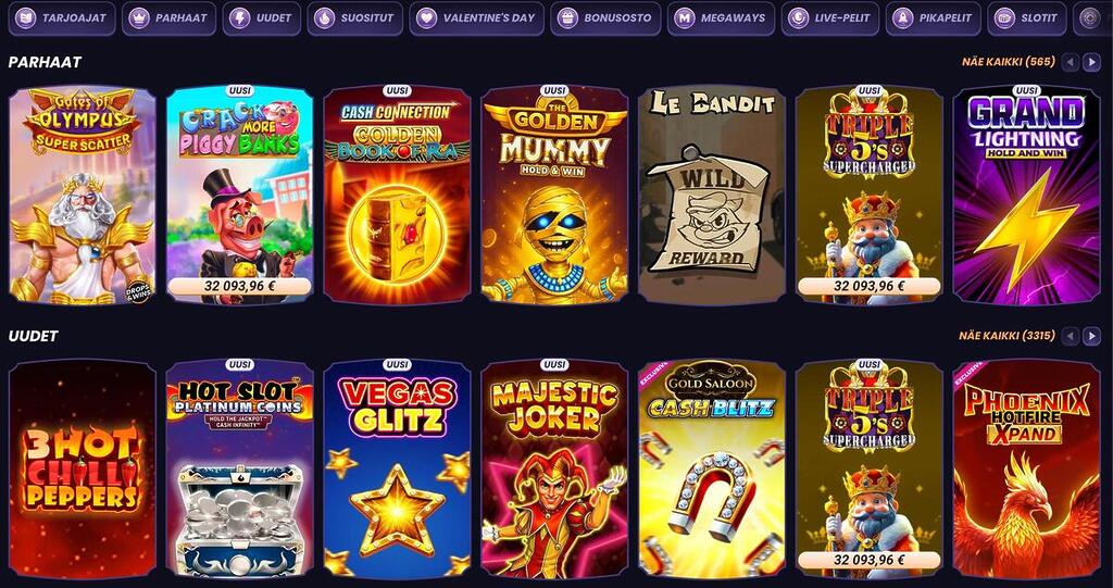Funbet-kasinon pelivalikoima, jossa esillä suosittuja kolikkopelejä ja uusia julkaisuja eri pelinkehittäjiltä