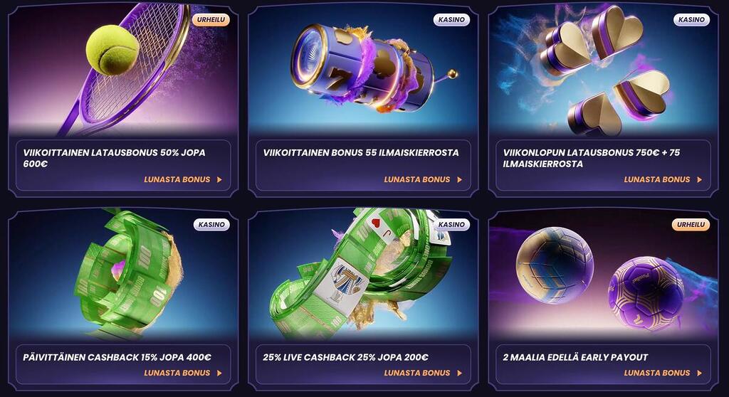 Funbet-kasinon kampanjasivu, jossa näkyy viikoittaisia tarjouksia, bonuksia ja cashback-etukampanjoita eri kategorioissa