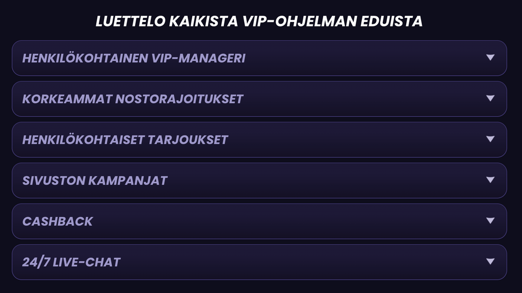 Funbet-kasinon VIP-ohjelma, jossa listattuna VIP-edut kuten henkilökohtainen VIP-manageri, cashback ja korkeammat nostorajat