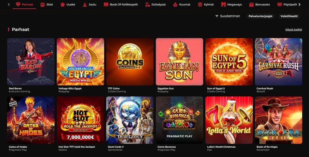 GodofCasino-kasinon pelivalikoima, jossa esillä suosituimmat kolikkopelit ja livepelit eri pelintarjoajilta tummalla käyttöliittymällä