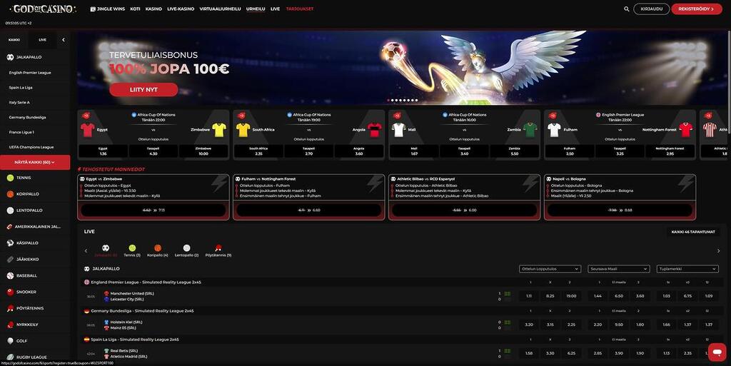 GodofCasino-urheiluvedonlyönti, jossa esillä jalkapallo-otteluita, kertoimia, live-vedonlyönti ja urheilubonus 100% jopa 100€