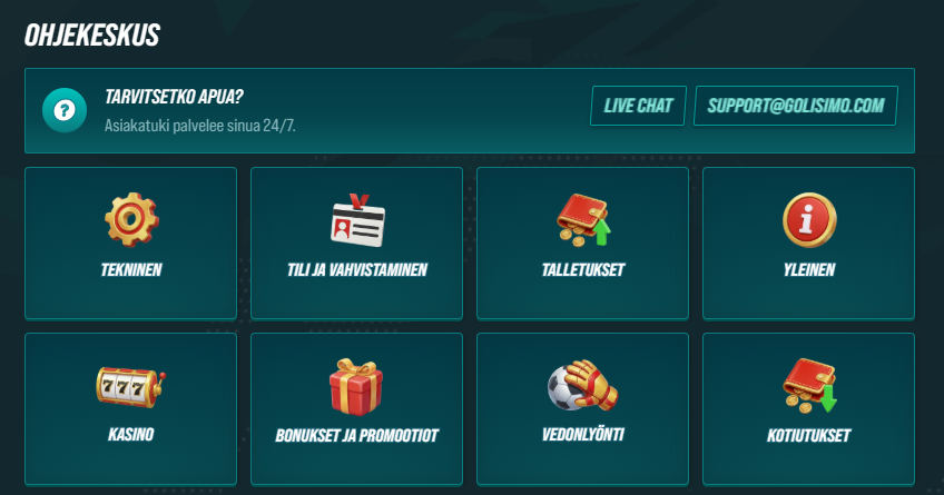 Golisimo Casinon ohjekeskus ja asiakastuki, jossa näkyvät live-chat, tuki-sähköposti sekä kategoriat kuten tekninen tuki, talletukset, kotiutukset ja bonukset.