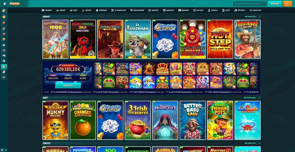 Golisimo Casinon etusivu, jossa näkyy laaja valikoima suosittuja kolikkopelejä, uutuuksia ja progressiivisia jättipotteja.