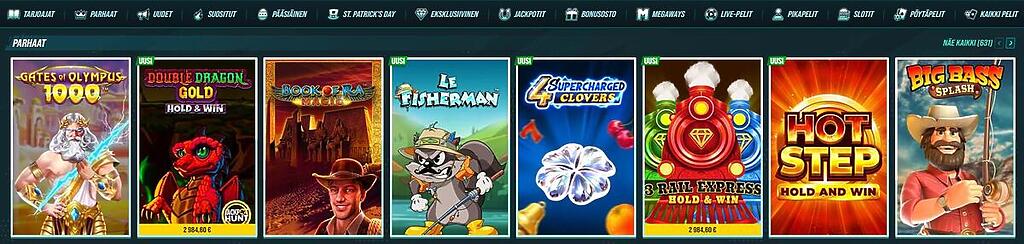 Golisimo Casinon pelivalikoima, jossa on suosittuja slotteja kuten Gates of Olympus 1000, Book of Ra Magic ja Big Bass Splash.