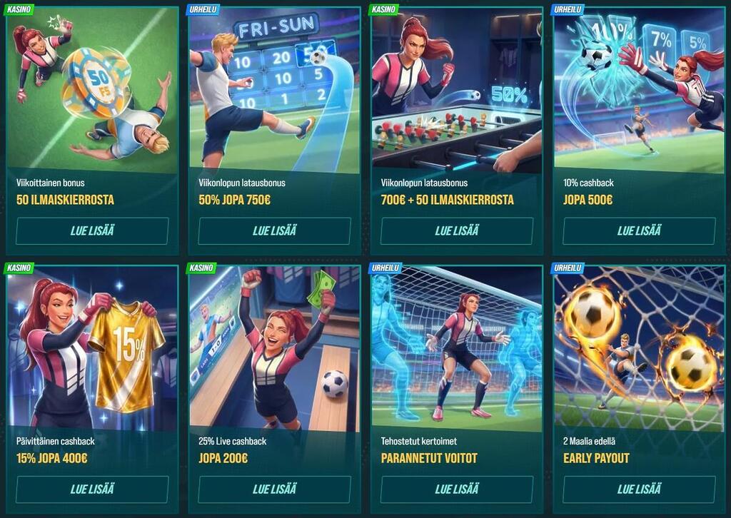 Golisimo Casinon kampanjasivu, jossa näkyy erilaisia tarjouksia kuten viikoittaisia bonuksia, ilmaiskierroksia, cashback-etuja ja tehostettuja kertoimia vedonlyöntiin.