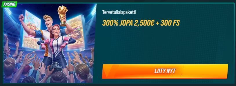 Golisimo Casinon tervetulaispaketti: 300 % bonus jopa 2 500 € asti ja 300 ilmaiskierrosta.