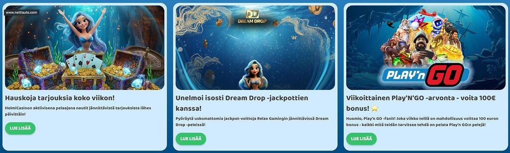 Helmi Casinon viikoittaiset tarjoukset: reload-bonuksia, Dream Drop -jackpotteja ja Play'n GO -viikkoarvonta.