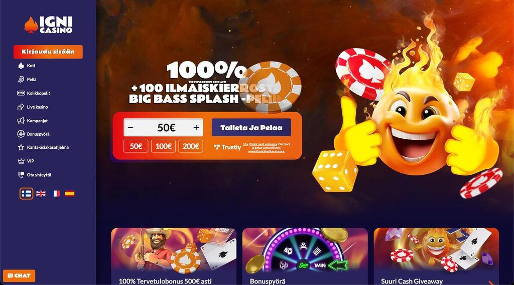 Igni Casino etusivu, jossa 100% + 100 ilmaiskierrosta Big Bass Splash -tervetuliaisbonus ja talletuskenttä