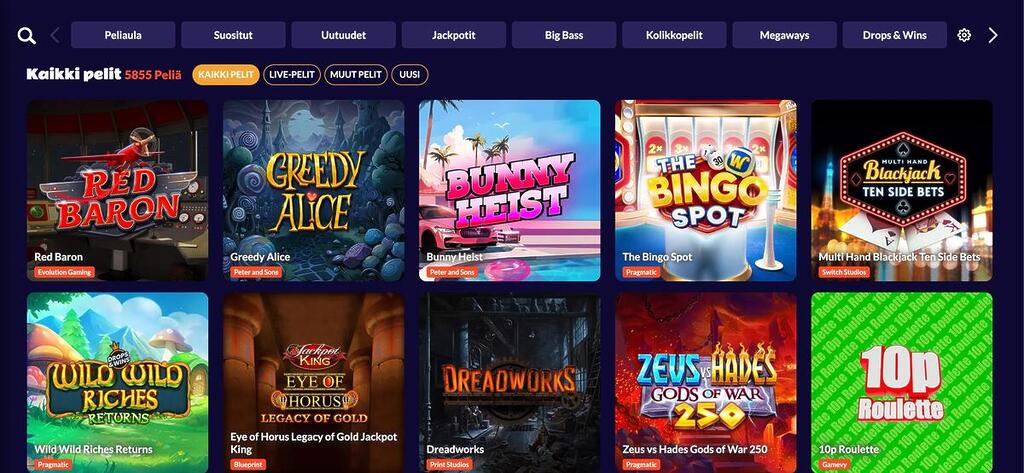 Igni Casinon pelivalikoima-sivu, jossa Red Baron, Greedy Alice, Bunny Heist ja muita kolikkopelejä