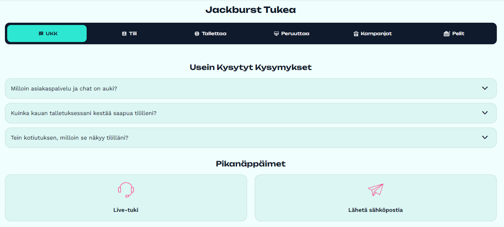 Jackburst Casinon asiakaspalvelusivu, jossa on UKK-osio, pikalinkit live-tukeen ja sähköpostiin sekä kategorioita kuten tili, talletukset ja kampanjat.