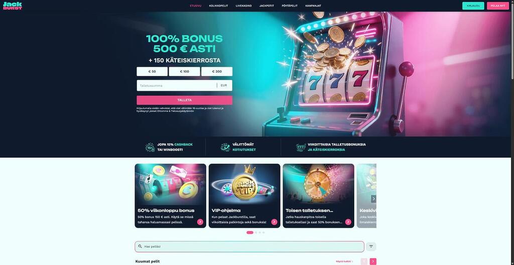 Jackburst Casinon etusivu, jossa näkyy tervetuliaisbonus 100 % 500 € asti ja 150 käteiskierrosta, välittömät kotiutukset sekä VIP-ohjelman mainos.