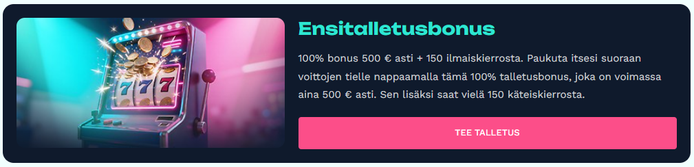 Jackburst Casinon ensitalletusbonusbanneri: 100 % bonus 500 € asti ja 150 käteiskierrosta peliautomaattikuvituksella.