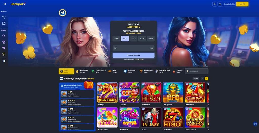 Jackpoty Casinon kotisivu, jossa näkyy tervetuliaisbonus, suosituimpia pelikategorioita ja pelivalikoima.