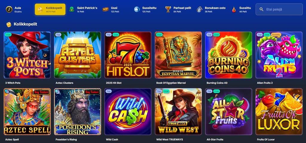 Jackpoty Casinon kolikkopelivalikoima, jossa näkyy suosittuja pelejä, kuten 3 Witch Pots ja Aztec Clusters.