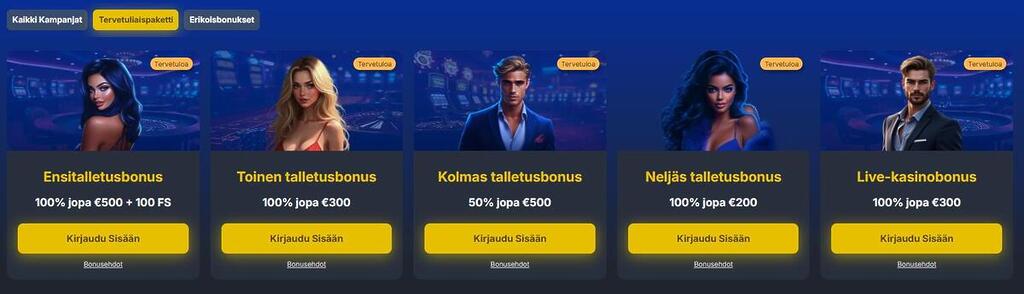 Jackpoty Casinon tervetuliaisbonuspaketti: ensitalletusbonus, toinen talletusbonus, kolmas talletusbonus, neljäs talletusbonus ja live-kasinobonus.