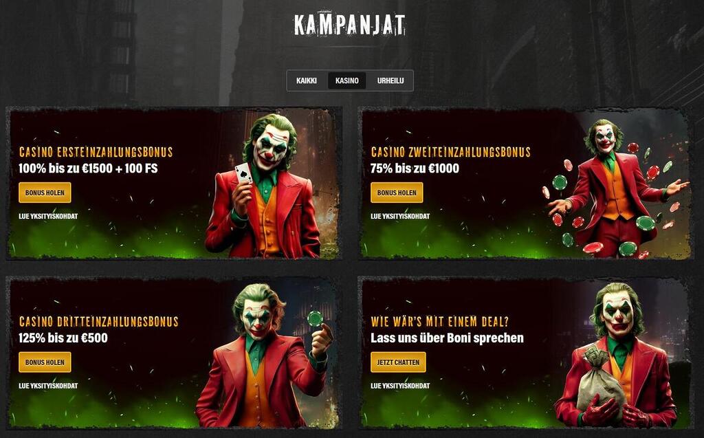 Kuvakaappaus Jokery-kasinon kampanjasivusta, jossa jokerihahmot esittelevät eri bonuskampanjoita.