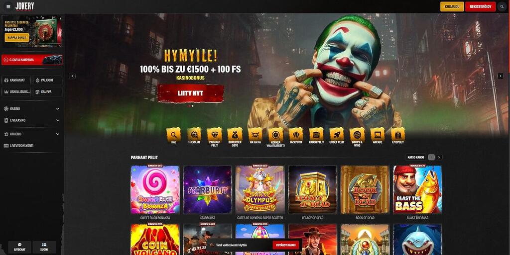 Kuvakaappaus Jokery-kasinon etusivusta, jossa jokerihahmo ja esillä olevia kolikkopelejä.