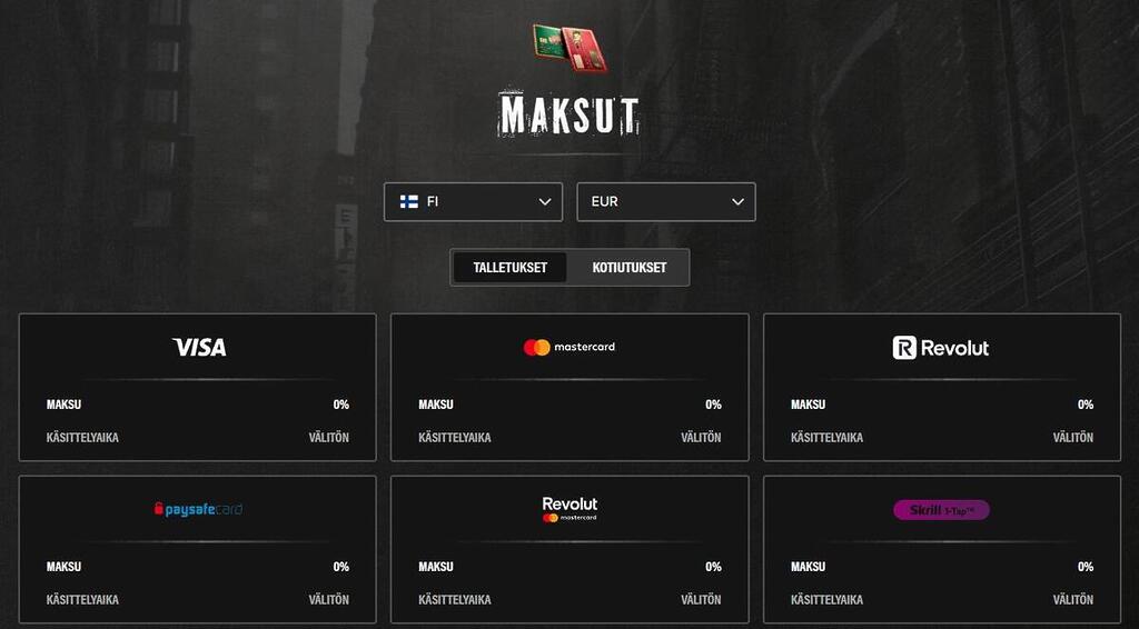 Kuvakaappaus Jokery-kasinon maksusivusta, jossa maksutapoina Visa, Mastercard, Paysafecard, Revolut ja Skrill.