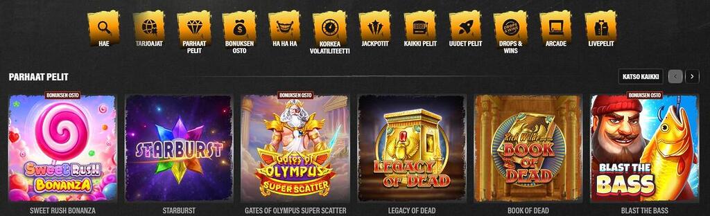 Kuvakaappaus Jokery-kasinon pelivalikoimasta, jossa näkyvissä suosittuja kolikkopelejä kuten Sweet Bonanza ja Starburst.