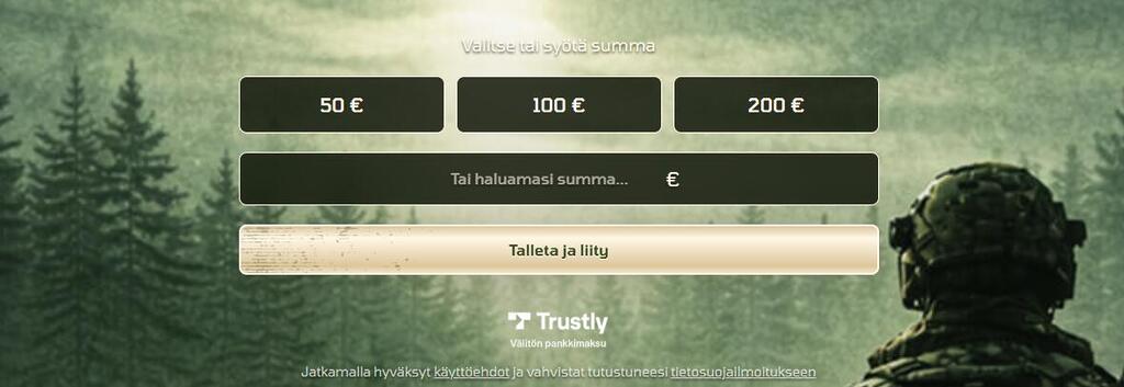 Kasarmi Casinon Trustly-verkkopankkimaksun talletusikkuna, jossa on valmiit valinnat 50€, 100€ ja 200€ sekä Talleta ja liity -painike.