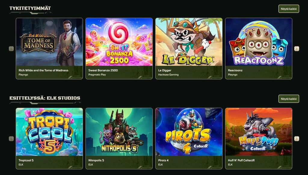 Kasarmi Casinon peliaula, jossa näkyy Tykitetyimmät-kategoria suosituilla kolikkopeleillä sekä Esittelyssä: ELK Studios -pelivalikoima.