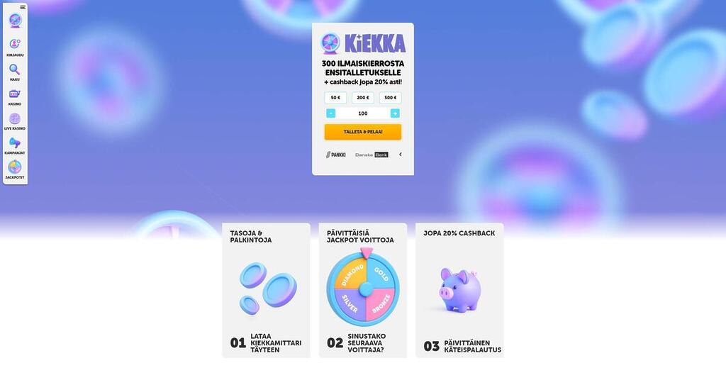 Kiekka Casinon etusivun näkymä. Keskellä on valkoinen pikatalletusikkuna, jossa mainostetaan 300 ilmaiskierrosta ensitalletukselle ja jopa 20 % käteispalautusta. Alapuolella on kolme esittelylaatikkoa otsikoilla "Tasoja & palkintoja: Lataa Kiekkomittari täyteen", "Päivittäisiä jackpot voittoja: Sinustako seuraava voittaja?" ja "Jopa 20% cashback: Päivittäinen käteispalautus".
