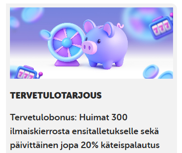 Kiekka Casinon tervetulotarjouksen mainosbanneri, jossa on piirrosmaisia 3D-grafiikoita violetista säästöpossusta, onnenpyörästä ja peliautomaateista. Kuvan alla on teksti: "Tervetulotarjous: Huimat 300 ilmaiskierrosta ensitalletukselle sekä päivittäinen jopa 20% käteispalautus".