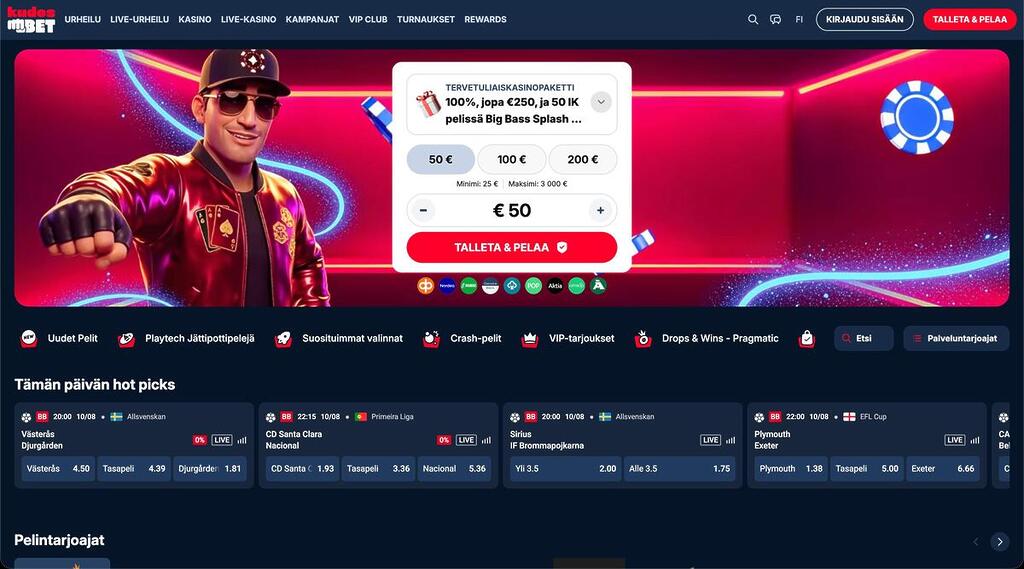 KudosBet Casino etusivu ja talletusikkuna