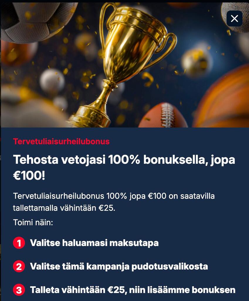 KudosBet tervetuliaisurheilubonus 100% jopa 100€ asti