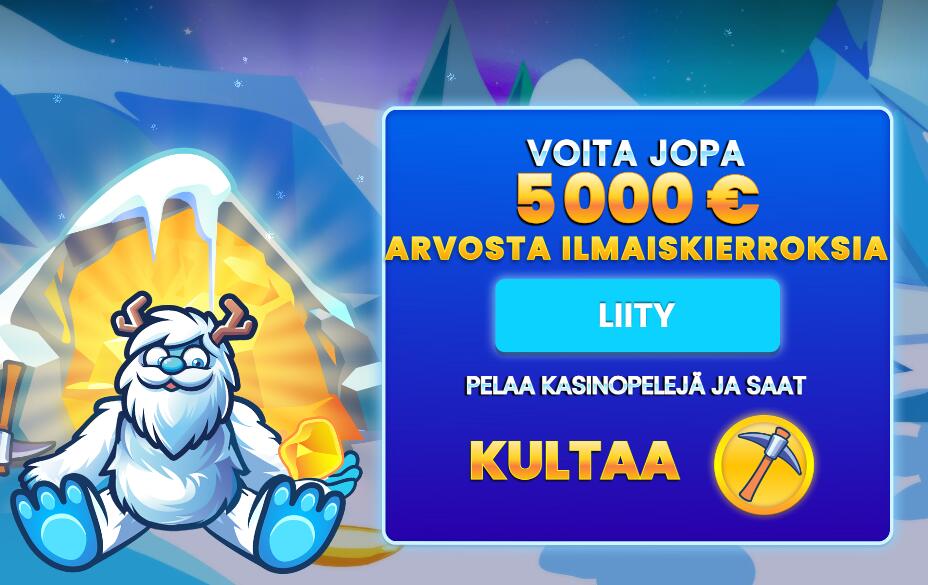 Lapland Casinon Kultajahti-tervetuliaistarjous, jossa luvataan mahdollisuus voittaa jopa 5 000 euron arvosta ilmaiskierroksia pelaamalla kasinopelejä ja keräämällä kultaa. Kuvassa seikkailee kasinon maskottina toimiva sarvekas lumiukko.
