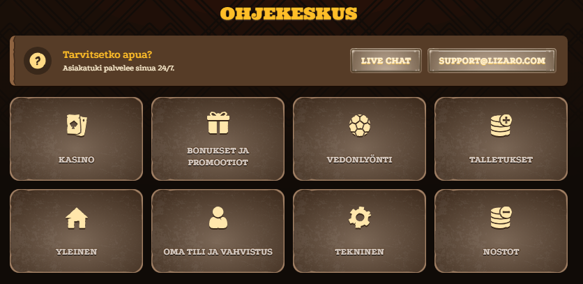 Lizaro kasinon ohjekeskus, jossa näkyvät asiakastuen kategoriat kuten kasino, bonukset ja promootiot, vedonlyönti, talletukset, nostot ja tekninen tuki.