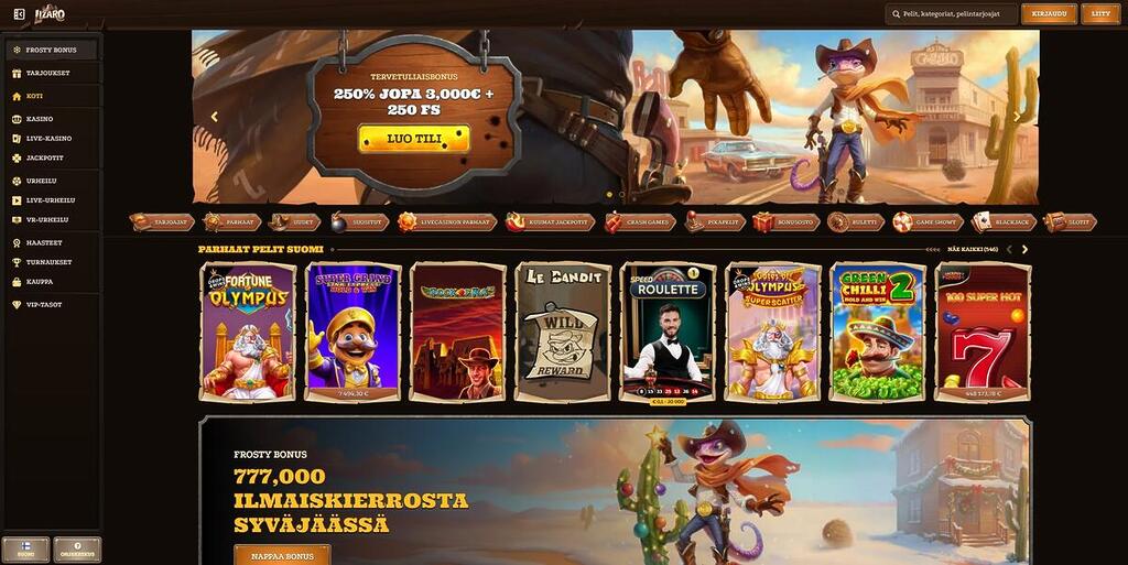 Lizaro kasinon etusivu, jossa esillä tervetuliaisbonus 250 % jopa 3 000 € ja 250 ilmaiskierrosta sekä suosituimmat kasinopelit.