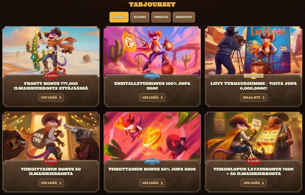 Lizaro kasinon tarjoussivu, jossa näkyvät kampanjat kuten Frosty Bonus -ilmaiskierrokset, ensitalletusbonus ja viikoittaiset kasinobonukset.