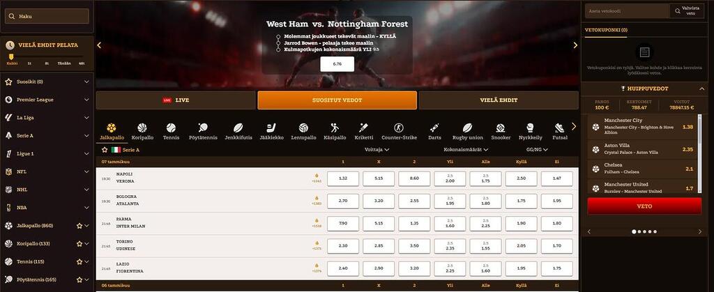 Lizaro urheiluvedonlyönnin sivu, jossa näkyy jalkapallon ja muiden urheilulajien vedot, kertoimet ja vetokuponki.