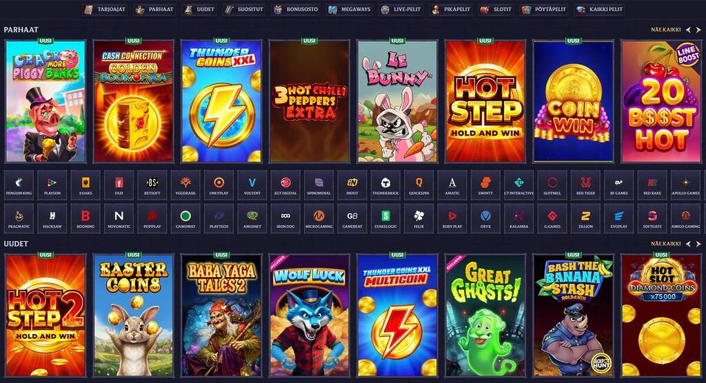 Näkymä LolaJackin peliaulasta. Yläreunassa on kategoriavalikko ja alapuolella pitkä lista pelivalmistajien logoja, kuten Pragmatic Play, Hacksaw ja Novomatic. Ruudukossa on esillä suosittuja pelejä, kuten Thunder Coins XXL, Le Bunny ja Hot Step Hold and Win.