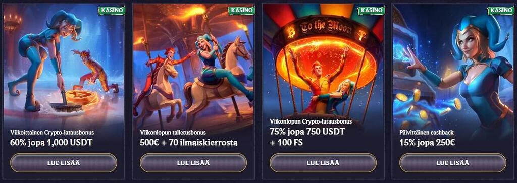 LolaJackin kampanjaosio, jossa on neljä erilaista bonustarjousta: viikoittainen krypto-latausbonus 60 prosenttia jopa 1 000 USDT, viikonlopun talletusbonus 500 euroa plus 70 ilmaiskierrosta, viikonlopun krypto-latausbonus 75 prosenttia jopa 750 USDT plus 100 ilmaiskierrosta sekä päivittäinen cashback 15 prosenttia jopa 250 euroon asti.