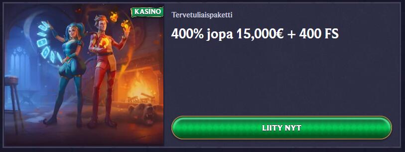 Lähikuva LolaJackin tervetuliaispaketista. Kuvassa on sirkushahmoja hämärässä salissa ja teksti 400 prosenttia jopa 15 000 euroa plus 400 ilmaiskierrosta. Alhaalla on vihreä painike, jossa lukee liity nyt.