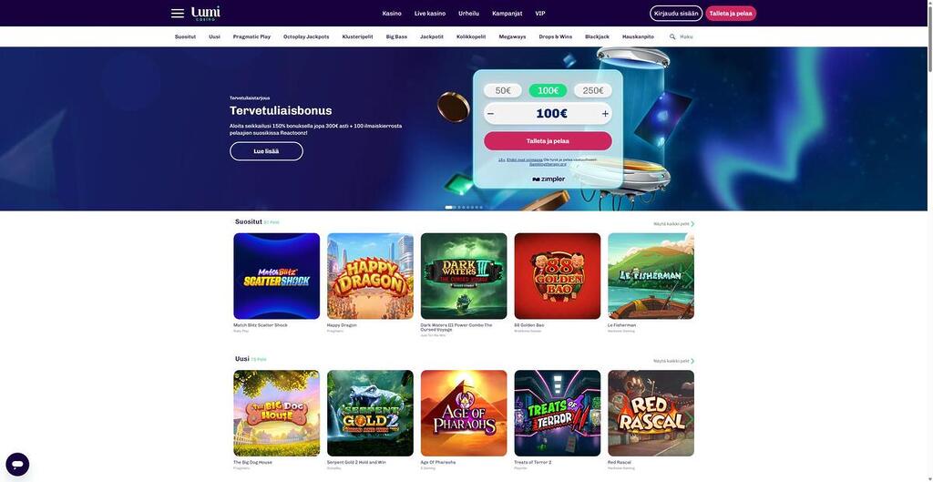 Lumi Casinon etusivun näkymä tietokoneella. Vasemmalla puolella on teksti "Tervetuliaisbonus – Aloita seikkailusi 150% bonuksella jopa 300€ asti + 100 ilmaiskierrosta pelaajien suosikissa Reactoonz!". Oikealla puolella on talletusikkuna, jossa maksutavaksi on valittu Zimpler. Alhaalla näkyy suosittuja pelejä kahdessa rivissä.