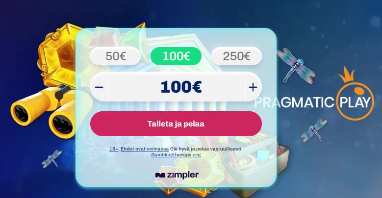 Lumi Casinon Zimpler-pikatalletusikkuna sinisellä taustalla. Ikkunassa on valittuna 100 euron talletussumma, ja sen alla lukee punaisessa painikkeessa "Talleta ja pelaa". Taustalla näkyy Pragmatic Play -pelin grafiikoita, kuten kullattu kiikari, jalokiviä ja sudenkorentoja.
