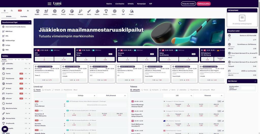Lumi Casinon urheiluvedonlyöntisivun näkymä. Sivuston yläreunassa on suuri banneri jääkiekon maailmanmestaruuskilpailuista, jossa näkyy jääkiekkokaukalo, pelivälineitä ja revontulia. Alapuolella on kattava lista käynnissä olevista ja tulevista urheilulajeista kertoimineen, kuten jalkapallosta, tenniksestä ja koripallosta.