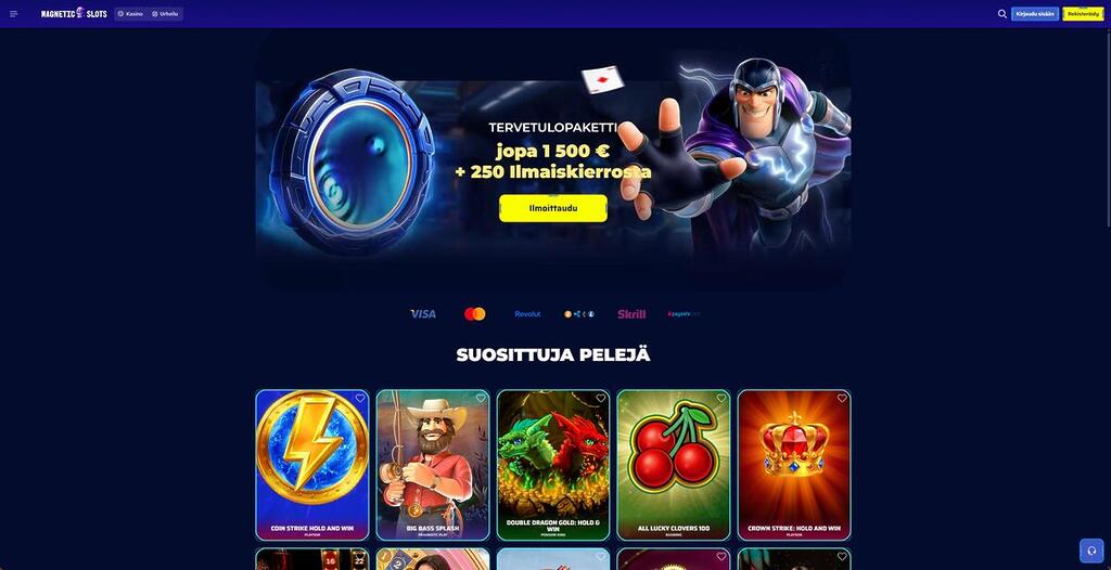 Magnetic Slots kasinon etusivu, jossa mainostetaan 1 500 € ja 250 ilmaiskierroksen tervetulopakettia sekä suosittuja kolmipelejä.