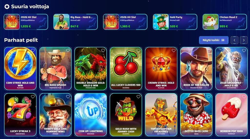 Magnetic Slotsin peliaula, jossa näkyy suosittuja slotteja kuten Coin Strike ja Big Bass Splash sekä reaaliaikainen lista suurimmista voitoista.