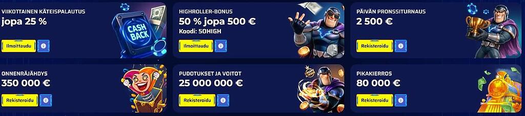 Magnetic Slots -kasinon kampanjasivu: 25 % viikoittainen käteispalautus, 500 € Highroller-bonus, turnauksia ja miljoonien eurojen Drops & Wins -potteja.