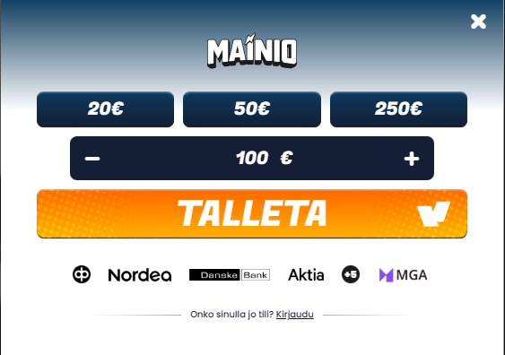 Mainio-kasinon talletusikkuna, jossa valittavissa talletussummat 20€, 50€ ja 250€, summan säätö sekä Talleta-painike ja pankkilogot