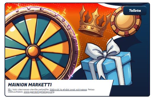 Mainion Marketti -kampanjakuva, jossa on onnenpyörä, kruunu, kolikko ja lahjapaketti värikkäässä grafiikassa
