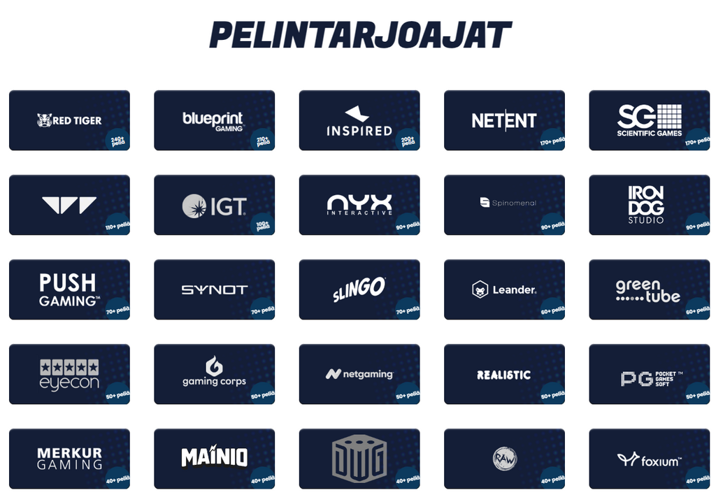 Pelintarjoajat-osio, jossa on useiden kasinoiden pelintarjoajien logot, kuten NetEnt, Blueprint Gaming, Red Tiger, IGT, Play’n GO, Pragmatic Play, Push Gaming ja muut