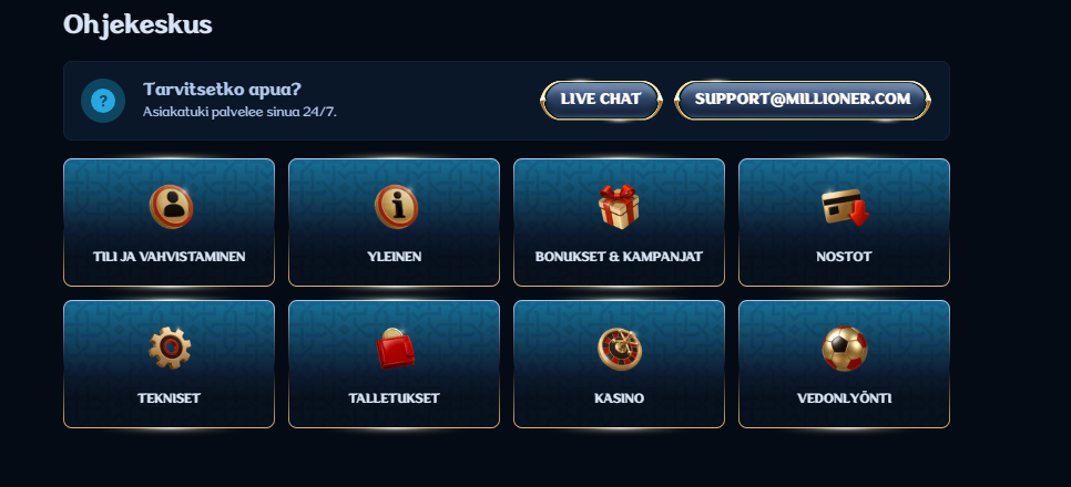 Kuvakaappaus Millioner Casinon ohjekeskuksesta. Yläosassa on yhteydenottopainikkeet live-chattiin ja sähköpostitukeen (support@millioner.com). Alla on kahdeksan kategoriaa: Tili ja vahvistaminen, Yleinen, Bonukset & kampanjat, Nostot, Tekniset, Talletukset, Kasino ja Vedonlyönti.