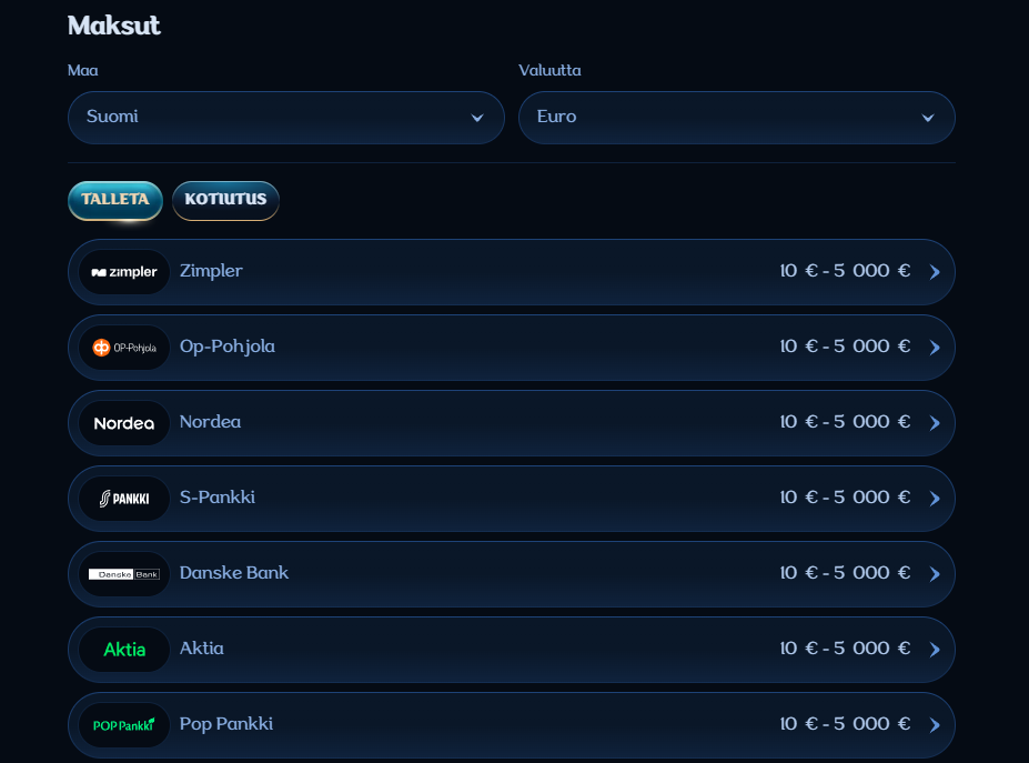 Millioner Casinon maksusivu, jossa on valittuna maa Suomi ja valuutta Euro. Listalla näkyy useita talletustapoja, kuten Zimpler, OP-Pohjola, Nordea, S-Pankki, Danske Bank, Aktia ja POP Pankki. Kaikissa näkyy talletusraja 10 € - 5 000 €.