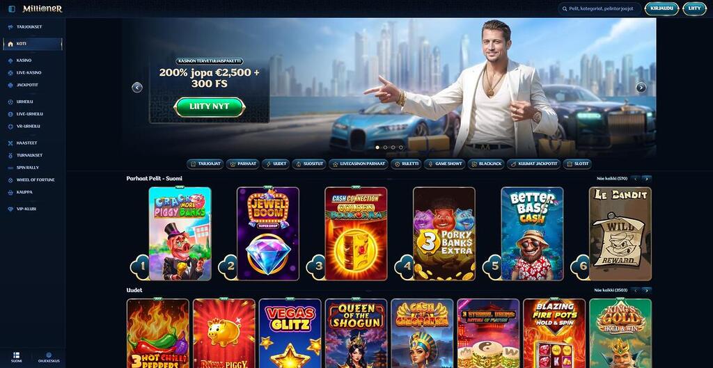 Millioner Casinon etusivunäkymä. Pääbannerissa mainostetaan kasinon tervetuliaispakettia: 200 % bonus 2 500 € asti ja 300 ilmaiskierrosta. Sivulla näkyy pelivalikoiman kategorioita ja suosittuja kolikkopelejä, kuten Crack More Piggy Banks ja Jewel Boom.
